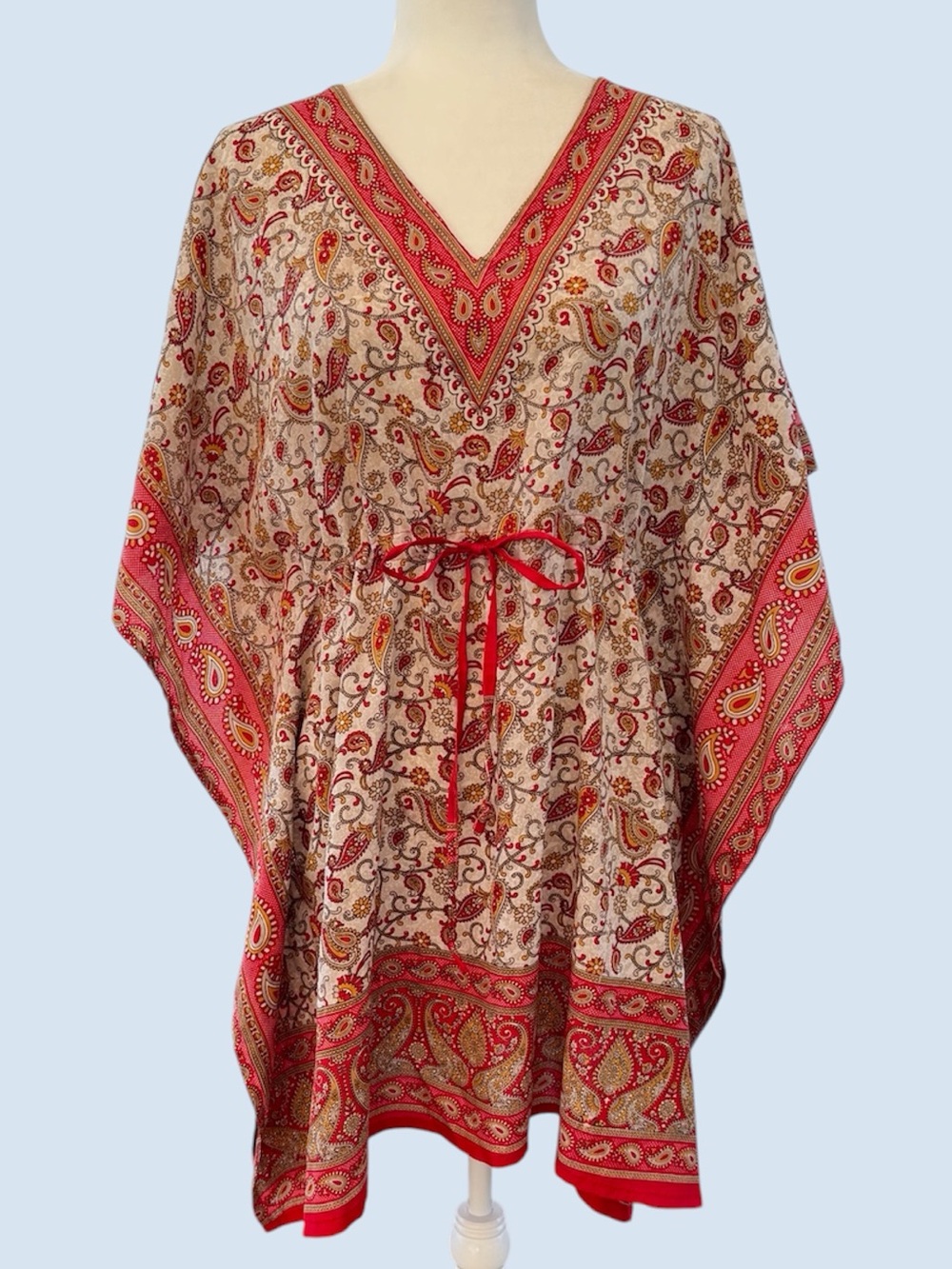 Ana & Rose Red and Gold Paisley Print Above Knee Caftan Dress/Beach Coverup, O/S